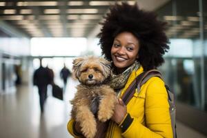 retrato do uma sorridente africano americano mulher com cachorro às aeroporto foto