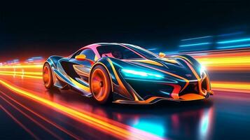 futurista Esportes carro em néon autoestrada. poderoso aceleração do uma super carro com colorida luzes trilhas. generativo ai. foto