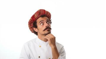 uma mexicano masculino chefe de cozinha parece para a esquerda dentro uma pensando pose ai gerado foto