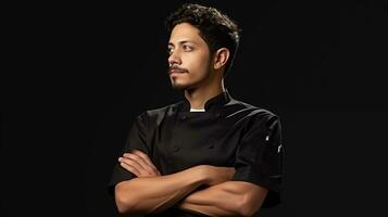 uma mexicano masculino chefe de cozinha parece para a esquerda dentro uma pensando pose ai gerado foto
