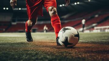 generativo ai, futebol bota chutando uma futebol bola, objetivo momento em a estádio foto