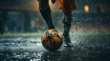 generativo ai, futebol bota chutando uma futebol bola, objetivo momento em a estádio foto