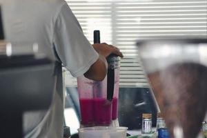 fazendo suco de frutas com liquidificador eletrônico foto