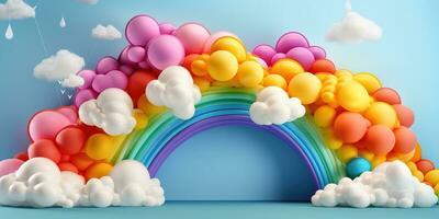 generativo ai, arco Iris e colorida balões. aniversário festa 3d fundo. brincar, modelo para cumprimentando cartão foto