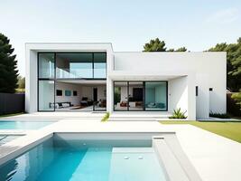 exterior do moderno minimalista casa com natação piscina, generativo ai foto