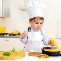 uma pequeno menina dentro a avental e chef chapéu prepara Comida ai gerar foto