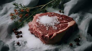 generativo ai, cru fresco carne bife em a mesa com ervas e especiarias, fechar acima macro foto, estético silenciado cores foto