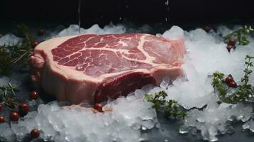 generativo ai, cru fresco carne bife em a mesa com ervas e especiarias, fechar acima macro foto, estético silenciado cores foto