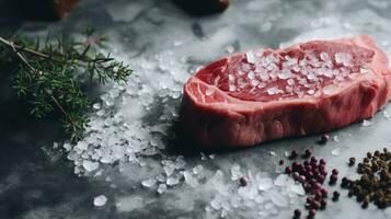 generativo ai, cru fresco carne bife em a mesa com ervas e especiarias, fechar acima macro foto, estético silenciado cores foto