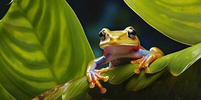 atarracado rã em folhas, sapo, anfíbio, réptil. generativo ai foto