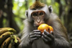 fechar acima do macaco comendo fruta dentro a selva. generativo ai foto