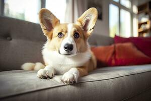 lindo, inteligente, calma de raça pura corgi cachorro deitado em em sofá dentro vivo sala. generativo ai foto