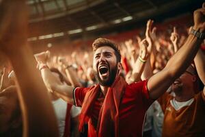 animado esporte fãs a comemorar e torcendo seus equipe dentro estádio. futebol fãs assistindo futebol corresponder. esporte, humano emoções, entretenimento conceito. generativo ai. foto