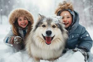 crianças jogando com seus cachorro dentro a neve em inverno dia. crianças rindo e tendo Diversão enquanto jogando com animal ao ar livre. generativo ai. foto