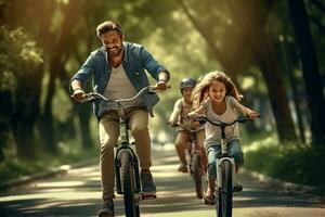 pai e crianças equitação bicicletas juntos dentro a parque. família atividade, lazer, passatempo conceito. generativo ai. foto