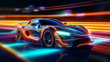 futurista Esportes carro em néon autoestrada. poderoso aceleração do uma super carro com colorida luzes trilhas. generativo ai. foto