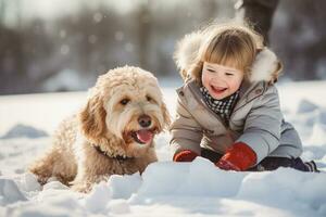 fofa pequeno menina jogando com dela cachorro dentro a neve em inverno dia. criança rindo e tendo Diversão enquanto jogando com animal ao ar livre. generativo ai. foto