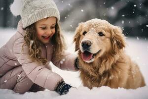 fofa pequeno menina jogando com dela cachorro dentro a neve em inverno dia. criança rindo e tendo Diversão enquanto jogando com animal ao ar livre. generativo ai. foto