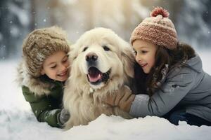 crianças jogando com seus cachorro dentro a neve em inverno dia. crianças rindo e tendo Diversão enquanto jogando com animal ao ar livre. generativo ai. foto