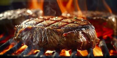 carne lombo bife grelhar em uma flamejante grade. generativo ai foto