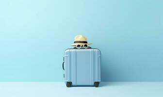 azul mala de viagem com oculos de sol em uma pastel azul fundo. viagem conceito. generativo ai foto
