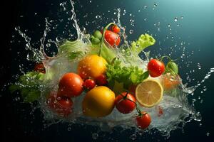vibrante misturar do fresco fruta e legumes com água respingo, ai gerado foto