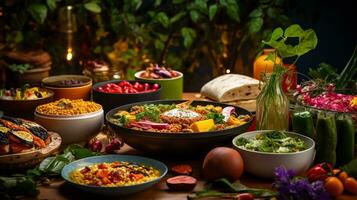 mundo vegano dia, uma generoso mesa preenchidas com colorida, à base de plantas pratos, ai gerado foto