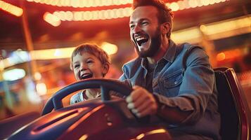 alegre pai e filho e ter Diversão enquanto dirigindo uma Parachoque carro dentro a diversão parque. generativo ai foto