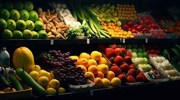 frutas e legumes em estante dentro supermercado. generativo ai foto
