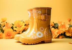 mulheres moda florido amarelo chuva botas. super detalhado. inverno tempo. ai generativo foto