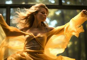 mulher dançando dentro a floresta vestindo uma amarelo fluindo seda vestir. ai generativo foto