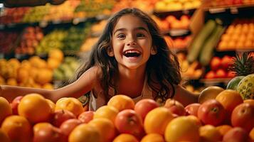 uma feliz e animado menina Sombrio cabelos comprador dentro loja frente Visão frutas e legumes em pastel laranja fundo. generativo ai foto