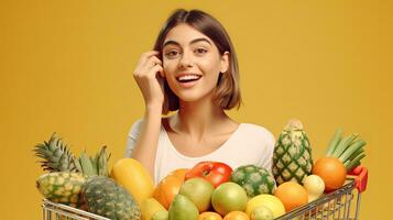 uma feliz e animado jovem mulher senta em uma mercearia carrinho cheio do mantimentos, frutas e legumes em pastel laranja fundo. generativo ai foto