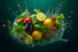 nutriente rico legumes ingredientes com água respingo, ai gerado foto