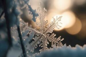 cristal do floco de neve macro em neve fundo dentro ensolarado dia. ai gerado foto