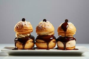 minimalista profiteroles com chocolate. generativo ai foto