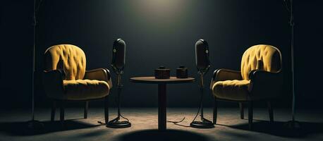 dois cadeiras e microfones dentro podcast foto