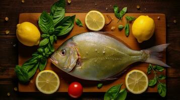 topo Visão delicioso mar pomfretwith limão e salada foto