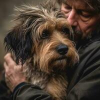 uma homem abraços uma cachorro. ai gerado. amizade entre pessoas e animais. sem teto foto