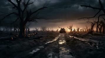campo de batalha, militares tanques e morto árvores Como soldados marcha para do apocalíptico arruinado panorama devastado de guerra. generativo ai foto