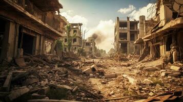 destruído Cidade com desmoronando estruturas dentro guerra. generativo ai foto