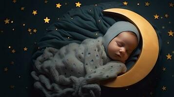 uma bebê é dormindo acolhedor dormir debaixo a estrelas e a lua às noite. generativo ai foto