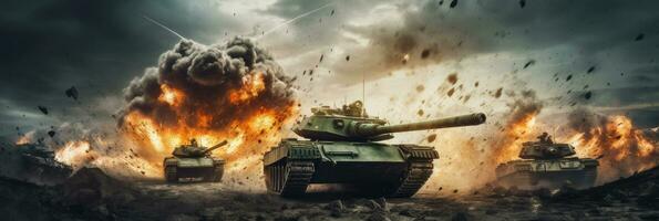 blindado tanque tiroteio do uma batalha campo dentro uma guerra. bombas e explosões dentro guerra. generativo ai foto
