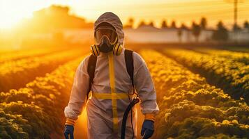 uma homem vestem protetora roupas fumigação campo com pesticida ou inseticida. generativo ai foto