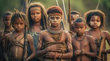 grupo do jovem pessoas e crianças a partir de africano tribo completo com cultural tatuagens, cosméticos e madeira de pedra lança armas. étnico grupos dentro África. generativo ai foto