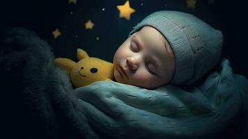 uma bebê é dormindo acolhedor dormir debaixo a estrelas e a lua às noite. generativo ai foto