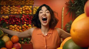 a animado mulher Sombrio cabelos comprador dentro loja frente Visão frutas e legumes em pastel laranja fundo. generativo ai foto