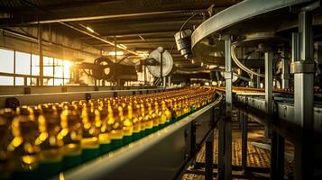 transportador cinto para vegetal óleo garrafas dentro uma vegetal óleo Produção fábrica. generativo ai foto