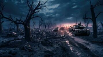 campo de batalha, militares tanques e morto árvores Como soldados marcha para do apocalíptico arruinado panorama devastado de guerra. generativo ai foto