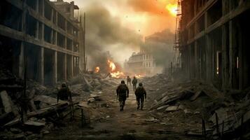 uma militares forças entre fumaça e ruínas corda para destruído cidade dentro guerra. generativo ai foto